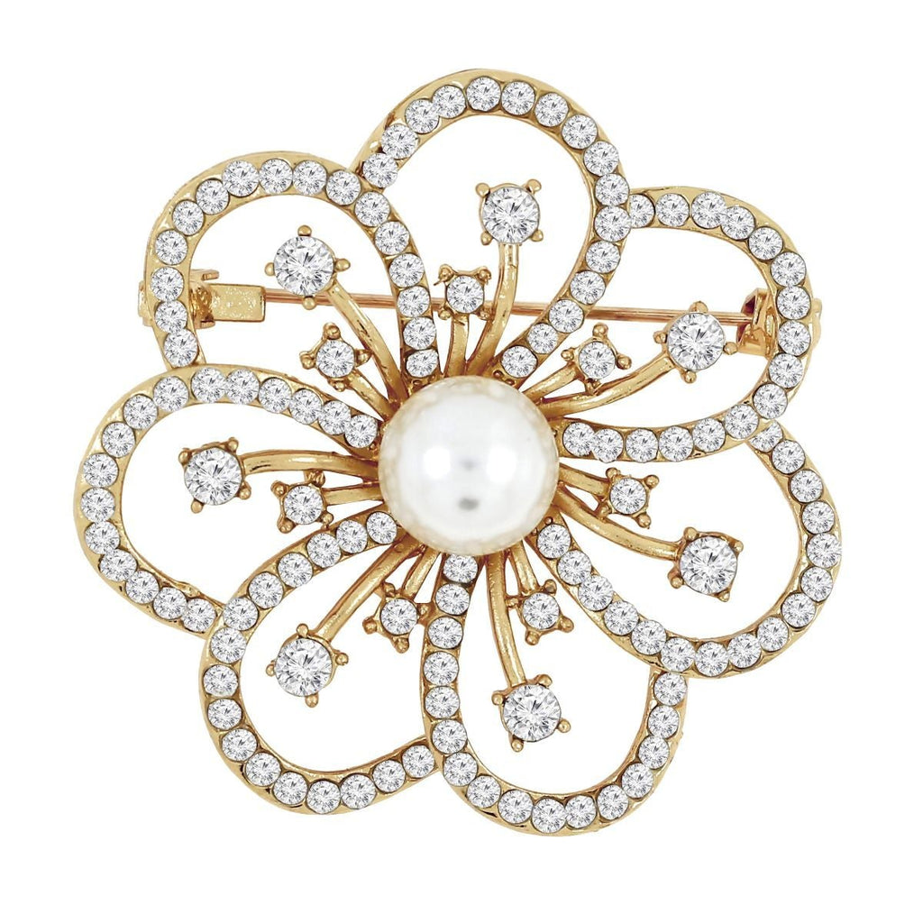Star Flower CZ Pearl Rose Gold Brass Brooch Badge Pin Needle Bulk