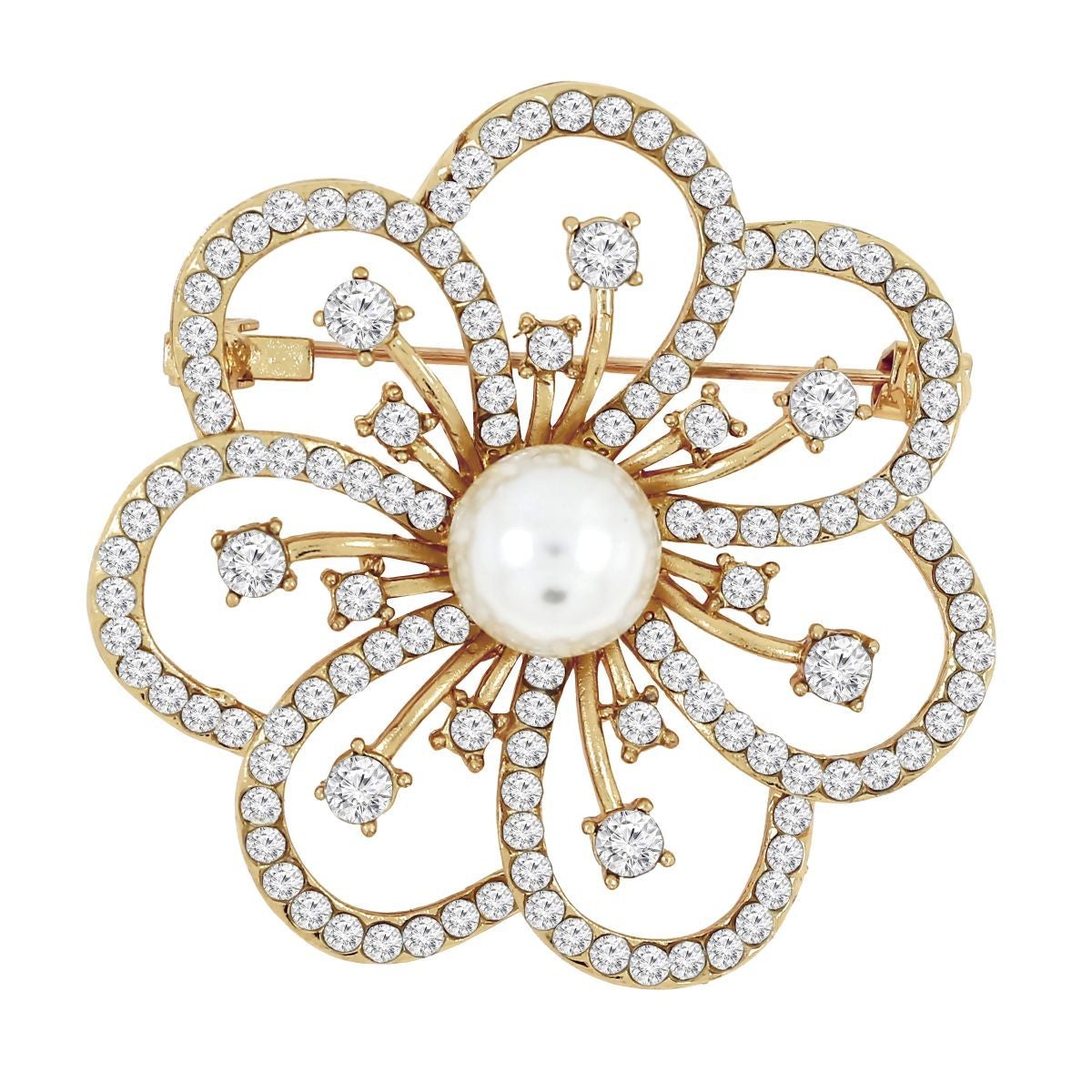 Star Flower CZ Pearl Rose Gold Brass Brooch Badge Pin Needle Bulk