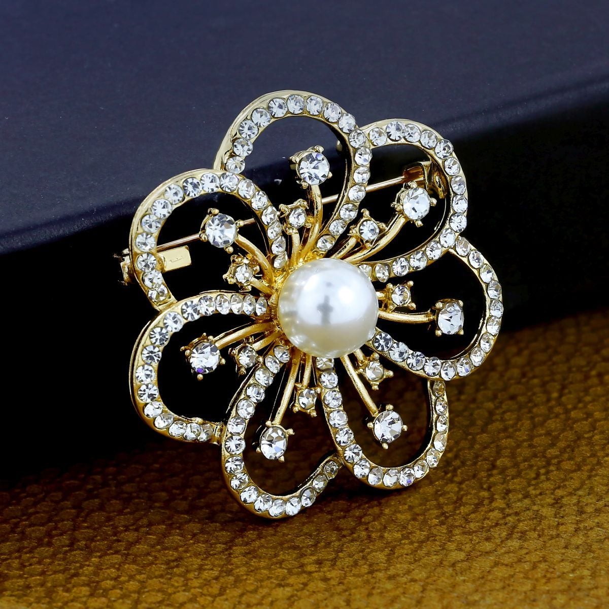 Star Flower CZ Pearl Rose Gold Brass Brooch Badge Pin Needle Bulk