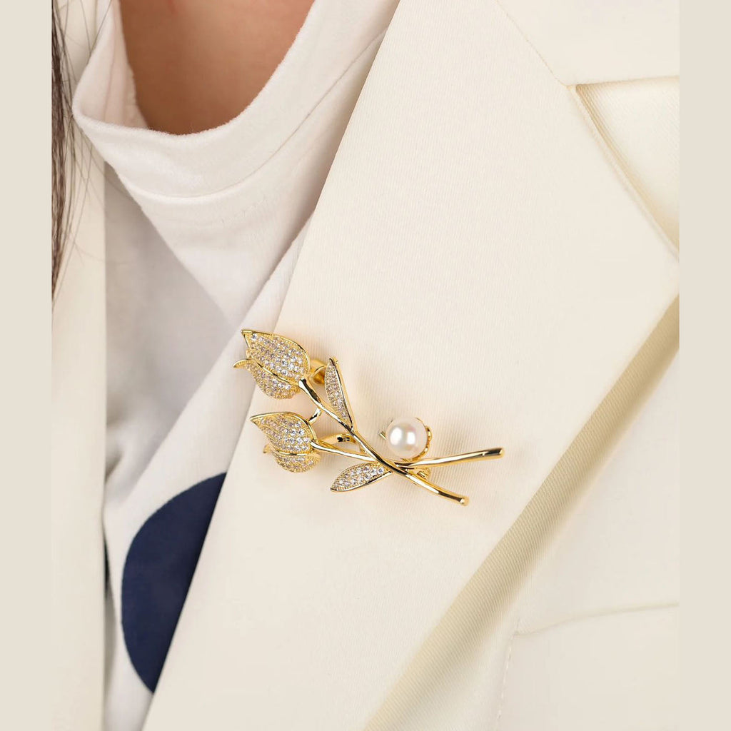 Twin Tulip Flower Cubic Zirconia 18K Gold Anti Tarnish Brooch Bulk