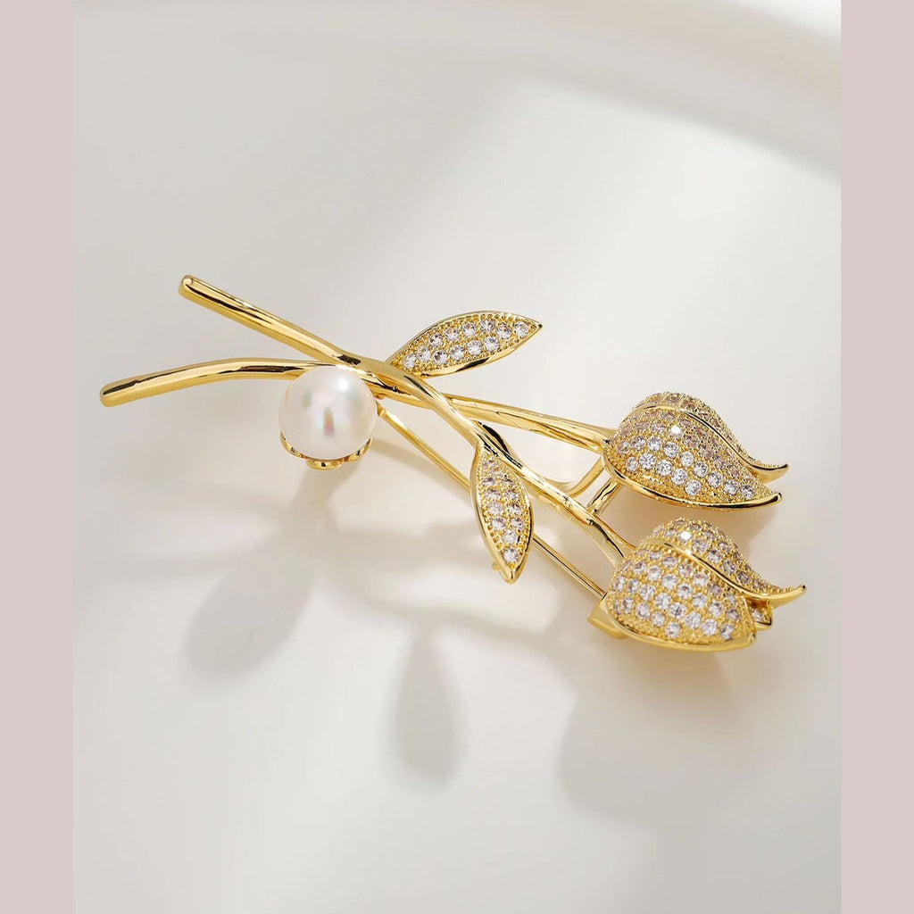 Twin Tulip Flower Cubic Zirconia 18K Gold Anti Tarnish Brooch Bulk