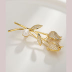 Twin Tulip Flower Cubic Zirconia 18K Gold Anti Tarnish Brooch Bulk