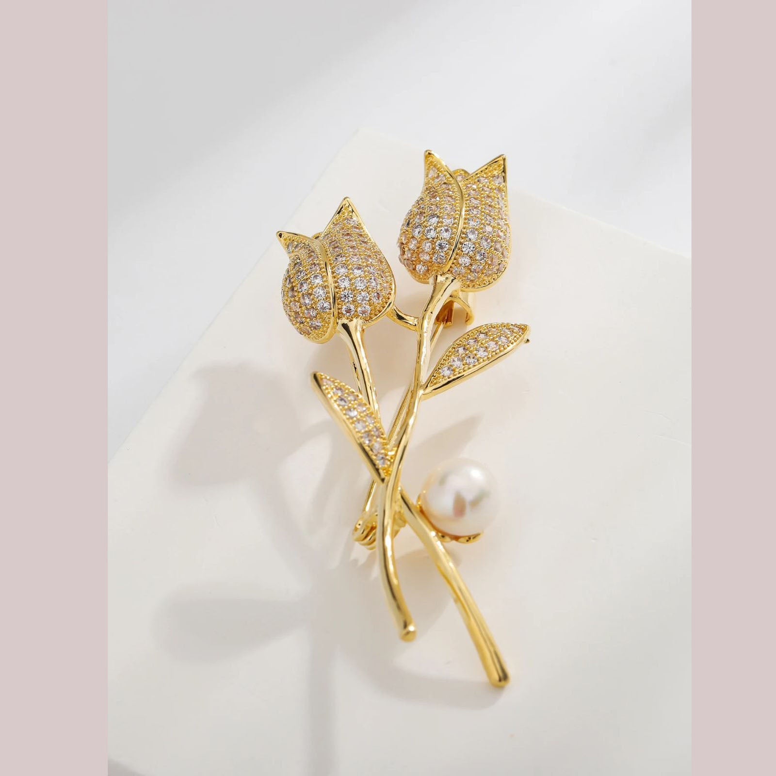 Twin Tulip Flower Cubic Zirconia 18K Gold Anti Tarnish Brooch Bulk