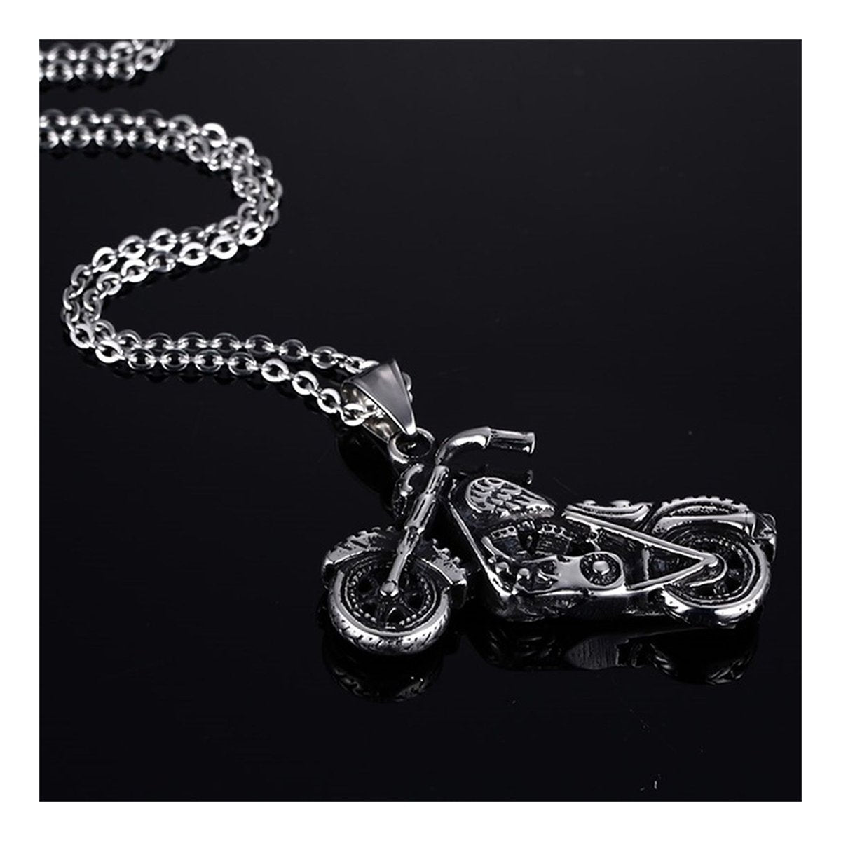 Stainless Steel Oxidized Silver Motorcycle Bike Pendant Chain Men