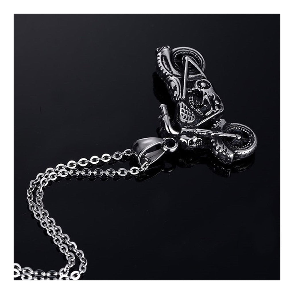 Stainless Steel Oxidized Silver Motorcycle Bike Pendant Chain Men
