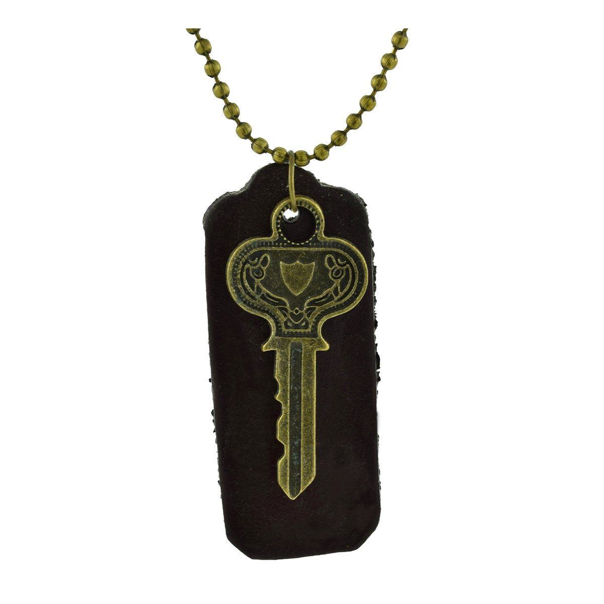 Vintage Bronze Key Brown Leather Funky Dog Tag Pendant Chain Bulk Main image