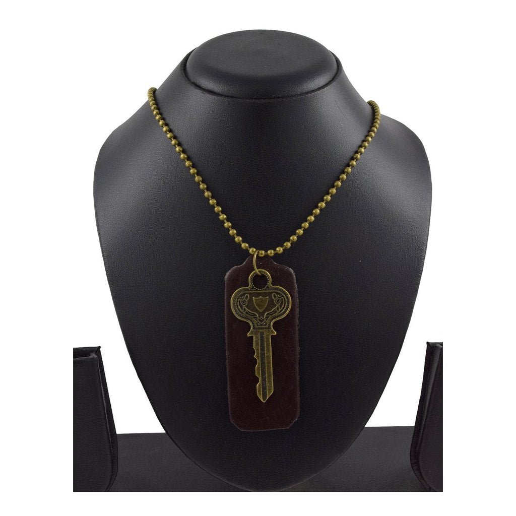 Vintage Bronze Key Brown Leather Funky Dog Tag Pendant Chain Bulk