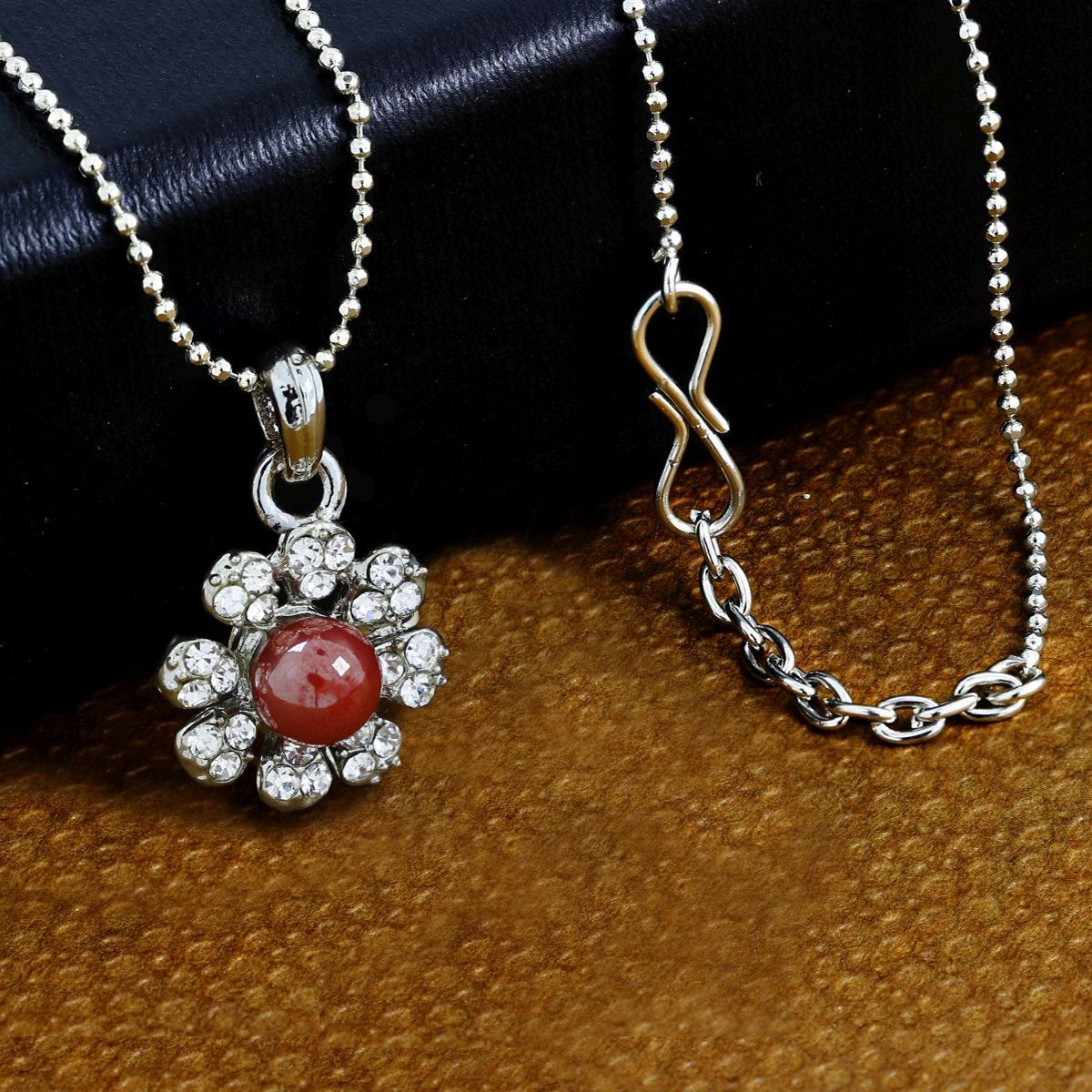 Flower CZ Maroon Brass CZ Pearl Necklace Pendant Chain Bulk Main image