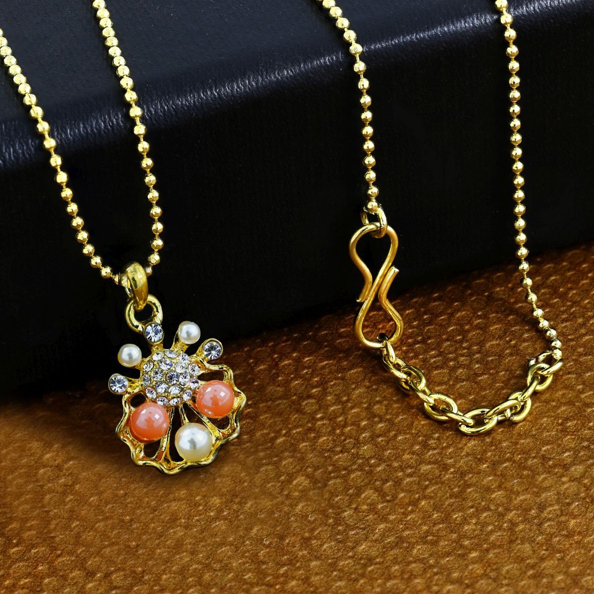 Floral 18K Gold American Diamond Pearl Necklace Pendant Chain Bulk Main image