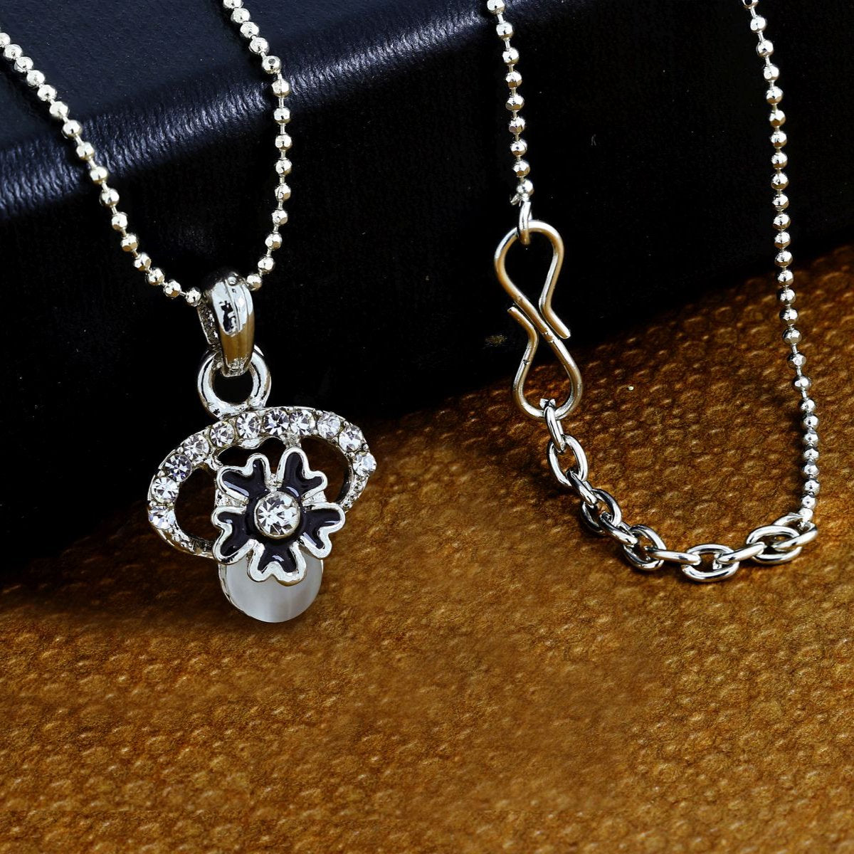 Enamel Flower Black American Diamond Pearl Necklace Pendant Chain Main image