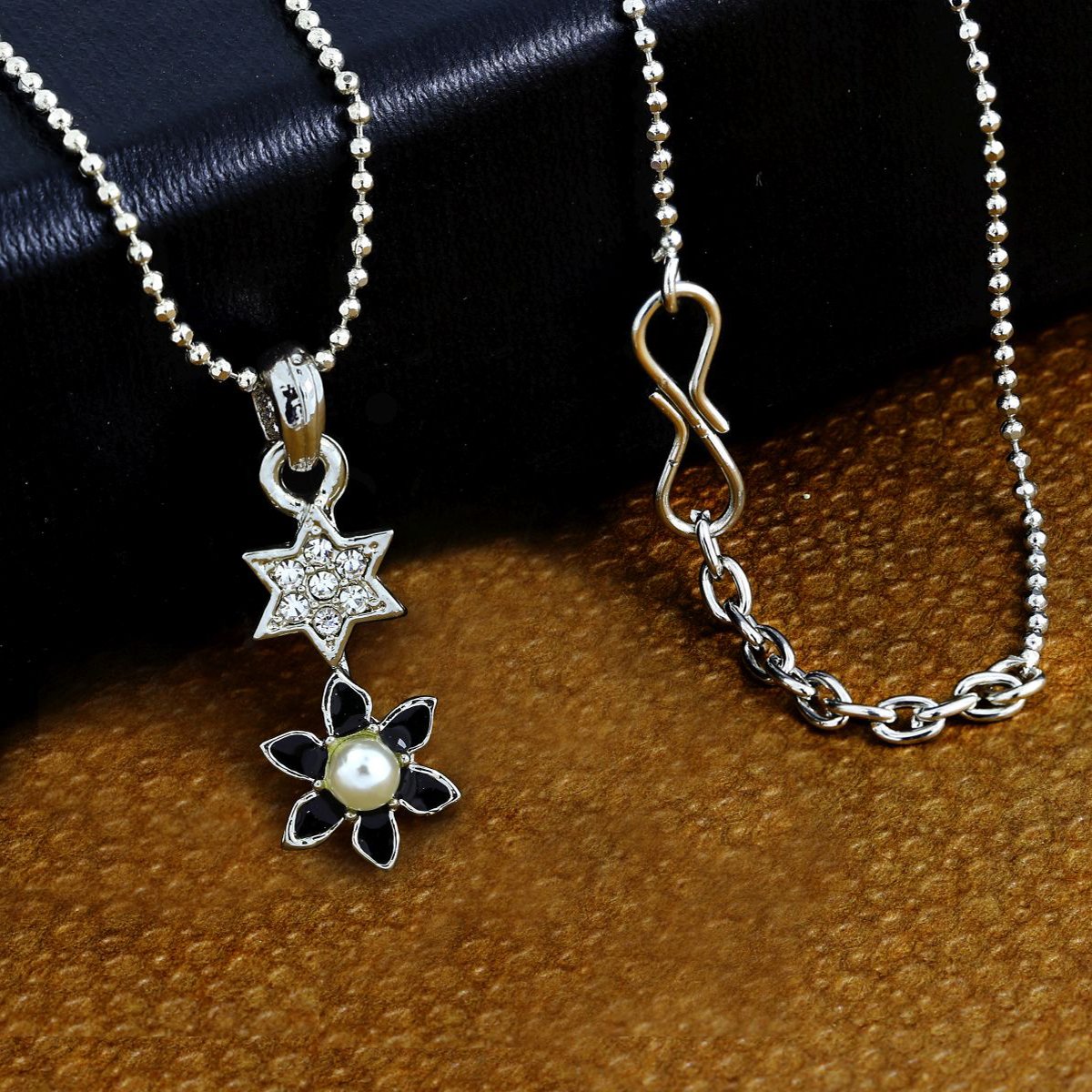Star Flower CZ Rhodium Black CZ Necklace Pendant Chain Bulk Main image
