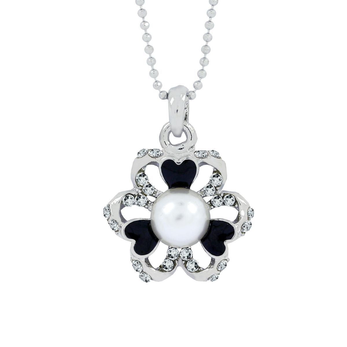 Enamel CZ Flower Black CZ Pearl Necklace Pendant Chain Bulk