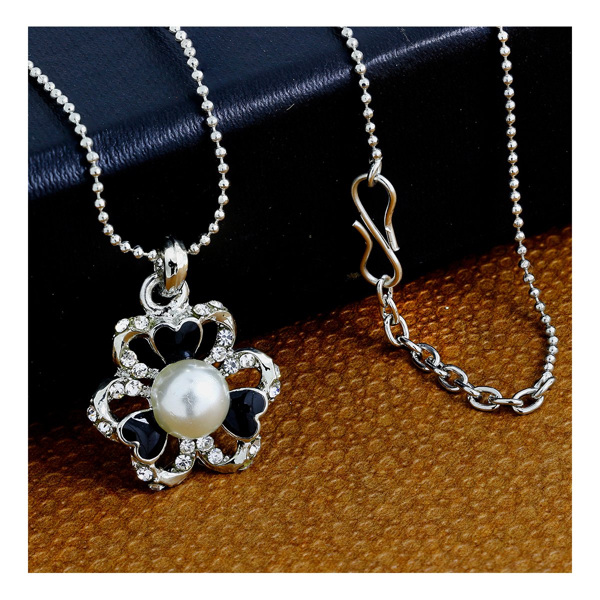 Enamel CZ Flower Black CZ Pearl Necklace Pendant Chain Bulk Main image