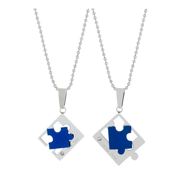 Love Puzzle Blue Silver Stainless Steel Couple Pendant Chain Necklace Main image