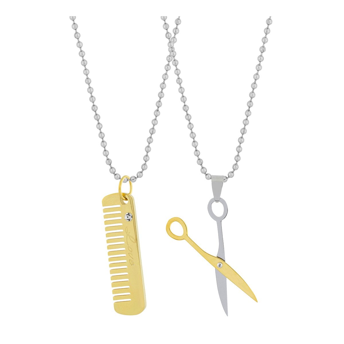 Comb Scissor Love Gold Silver Stainless Steel Couple Pendant Chain For Men