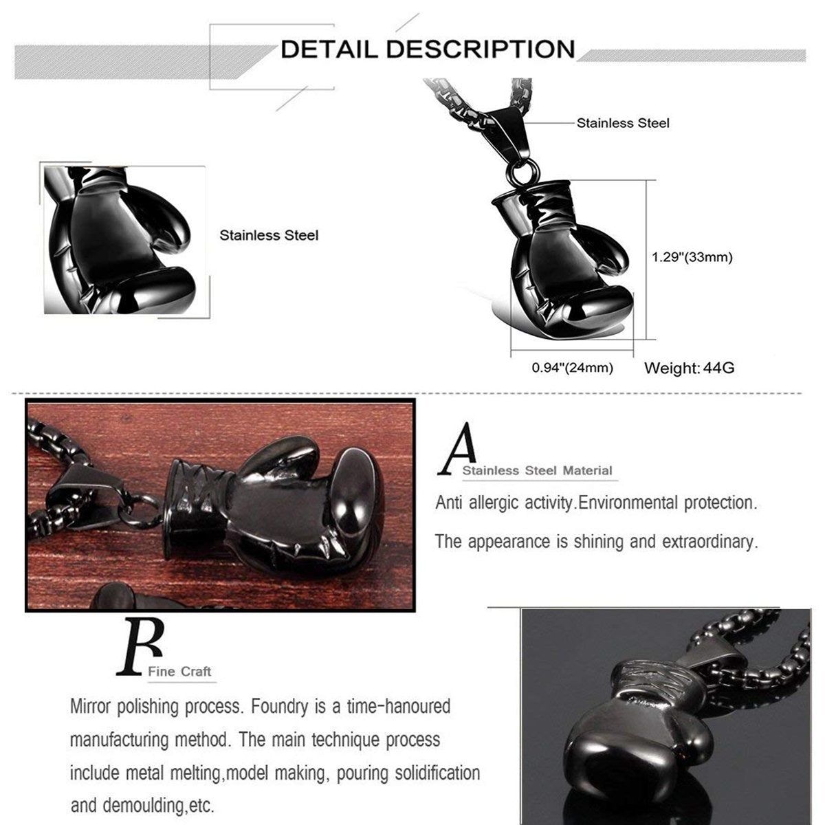Glossy Boxing Glove Black Silver Stainless Steel Pendant Chain Bulk