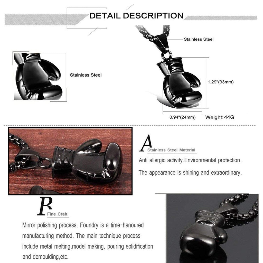 Glossy Boxing Glove Black Silver Stainless Steel Pendant Chain Bulk