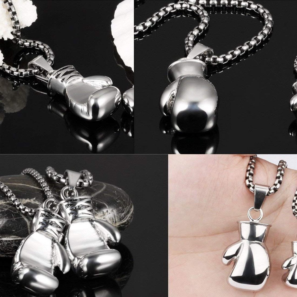 Glossy Boxing Glove Silver Rhodium Stainless Steel Pendant Chain Bulk