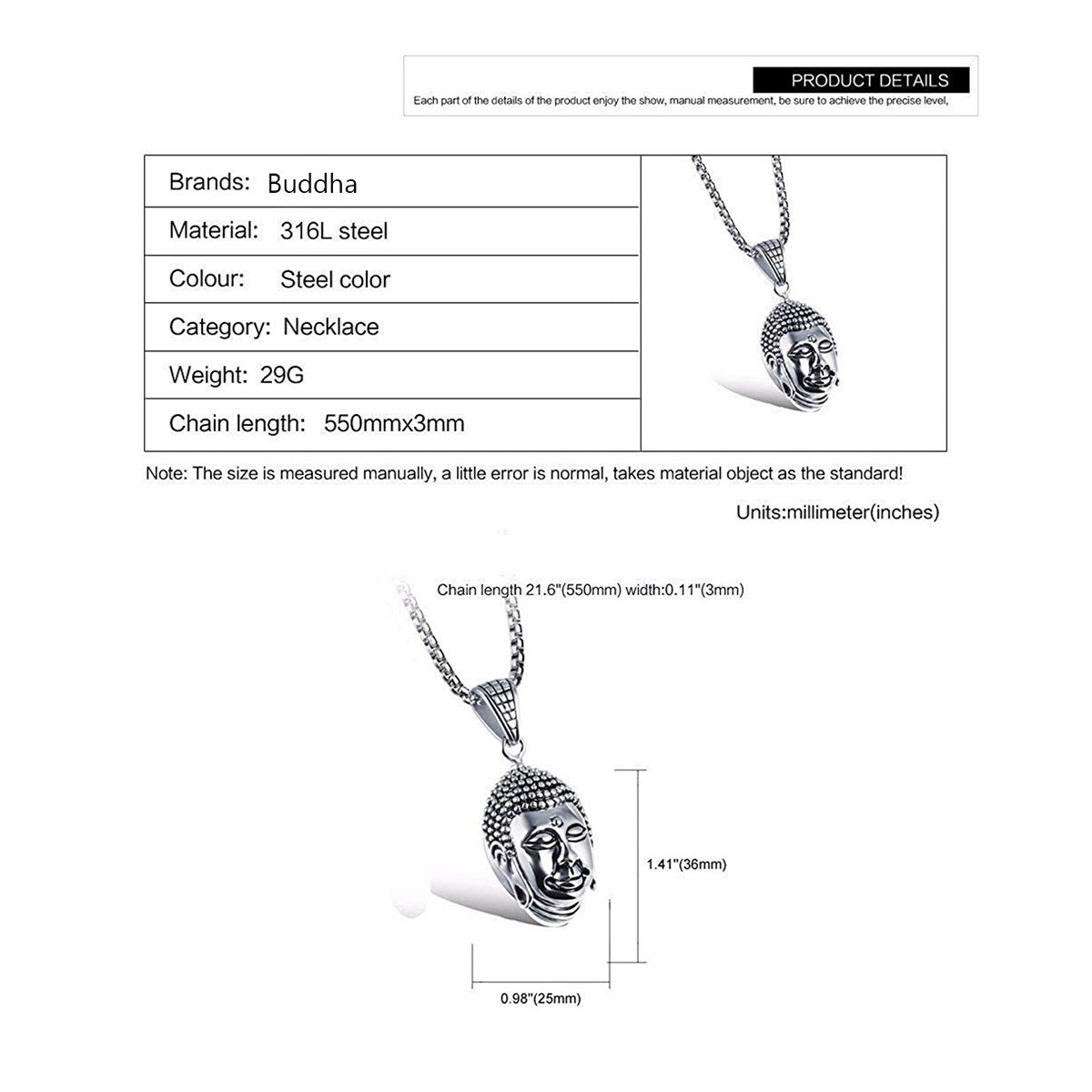 Religious Buddha Silver Stainless Steel Pendant Chain Bulk