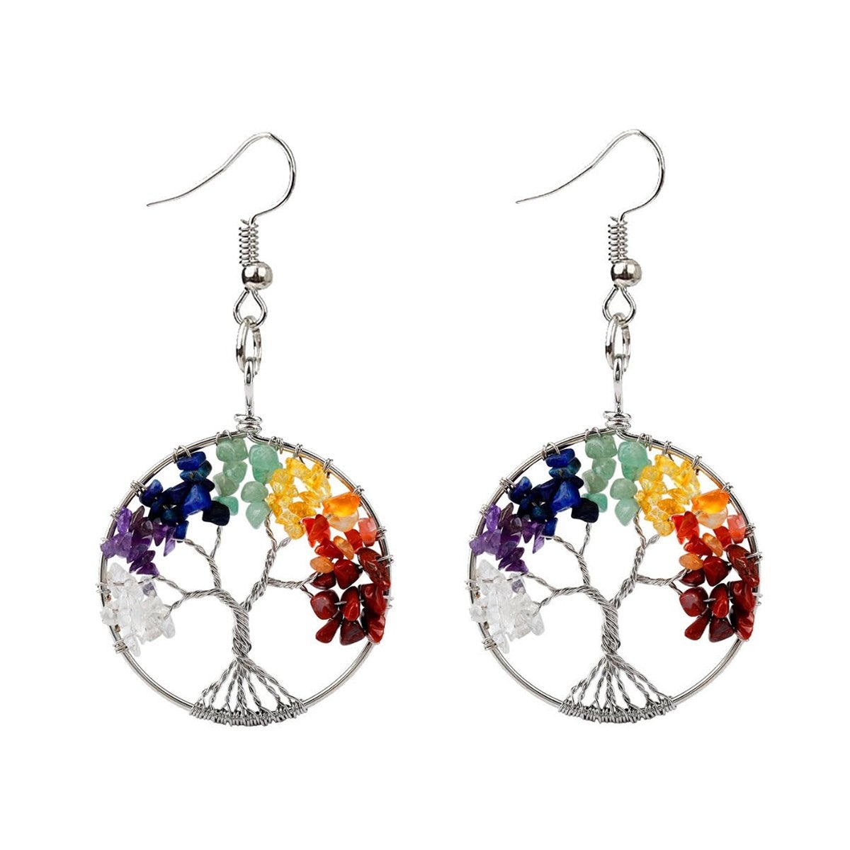 Tree Of Life Natural 7 Chakra Reiki Heaing Crystal Stones Silver Dangler Earring Pair Girls Main image