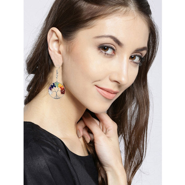 Tree Of Life Natural 7 Chakra Reiki Heaing Crystal Stones Silver Dangler Earring Pair Girls Secondary image