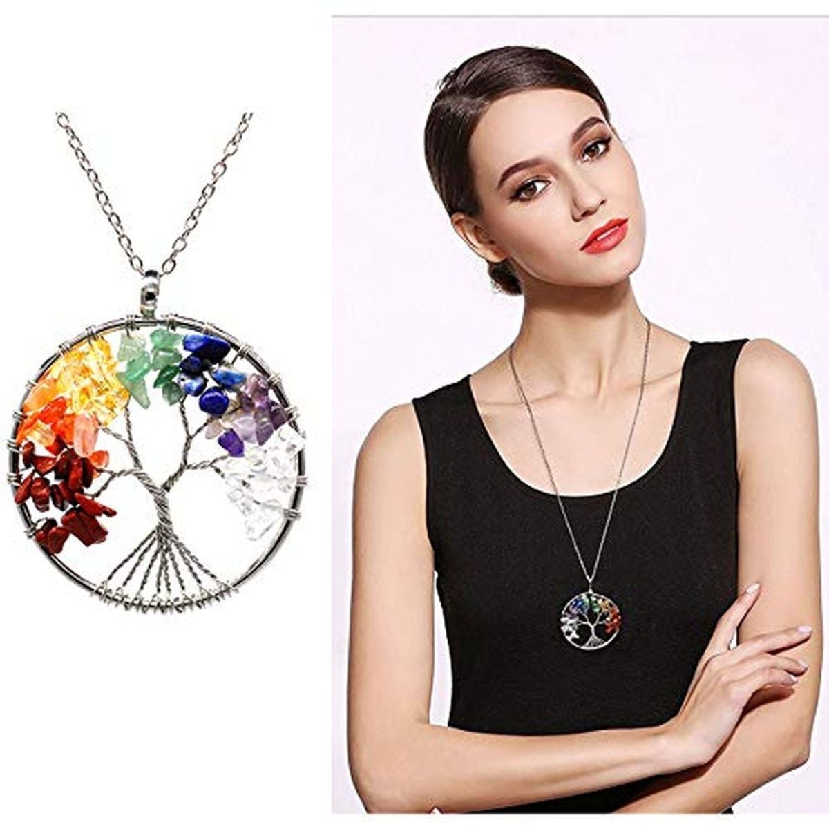 Tree Of Life Natural 7 Chakra Reiki Heaing Crystal Pendant Chain Bulk
