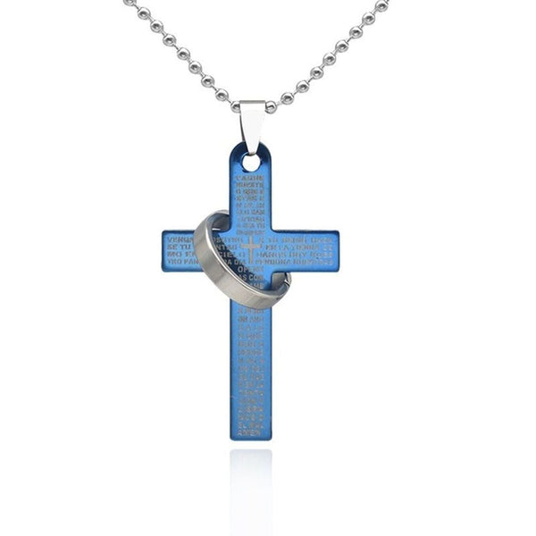 Bible Cross Jesus Christian Prayer Blue Stainless Steel Pendant Chain Secondary image