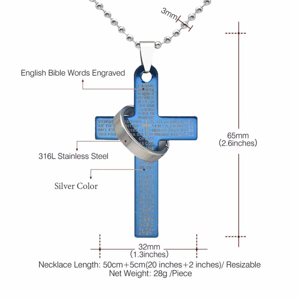 Bible Cross Jesus Christian Prayer Blue Stainless Steel Pendant Chain