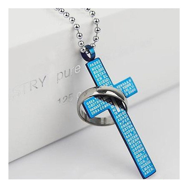 Bible Cross Jesus Christian Prayer Blue Stainless Steel Pendant Chain Main image