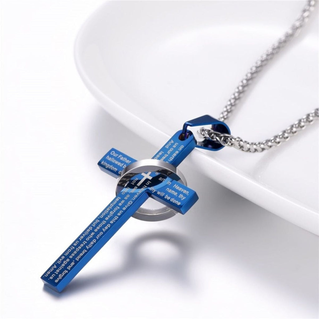 Bible Cross Jesus Christian Prayer Blue Stainless Steel Pendant Chain