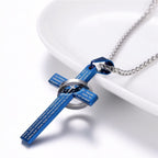 Bible Cross Jesus Christian Prayer Blue Stainless Steel Pendant Chain