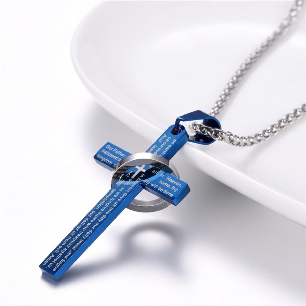 Bible Cross Jesus Christian Prayer Blue Stainless Steel Pendant Chain