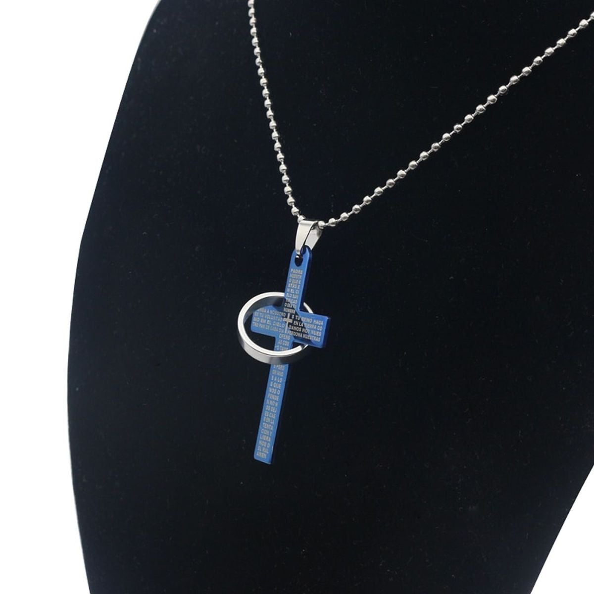 Bible Cross Jesus Christian Prayer Blue Stainless Steel Pendant Chain