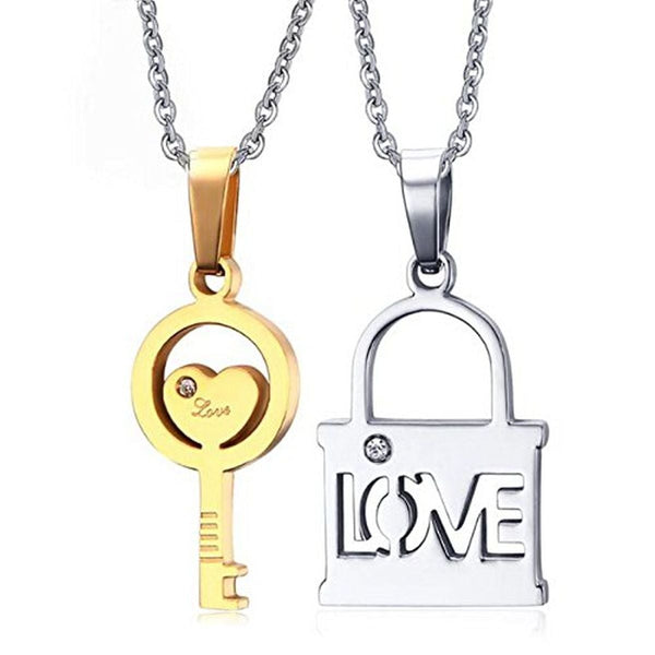 Couple Lovers I Love You Lock Key Stainless Steel Chain Pendant Combo Secondary image