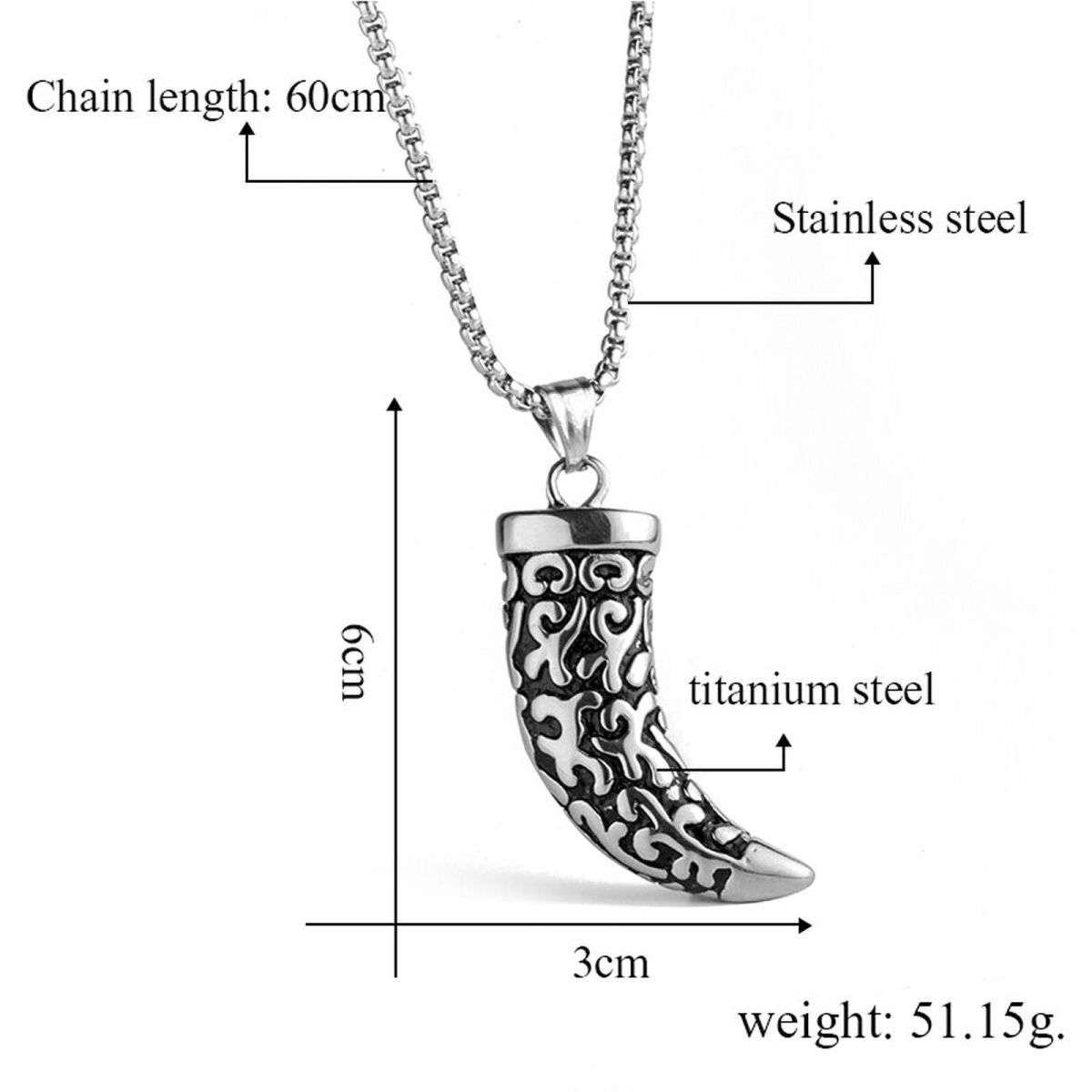 Wolf Tooth Replica Silver Stainless Steel Pendant Chain Bulk