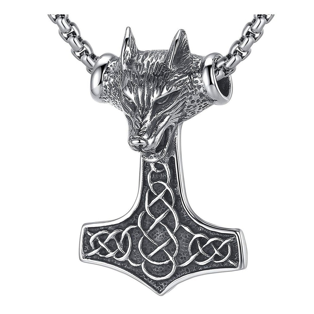 Viking Celtic Knot Wolf Thor Hammer Vintage Stainless Steel Pendant Chain
