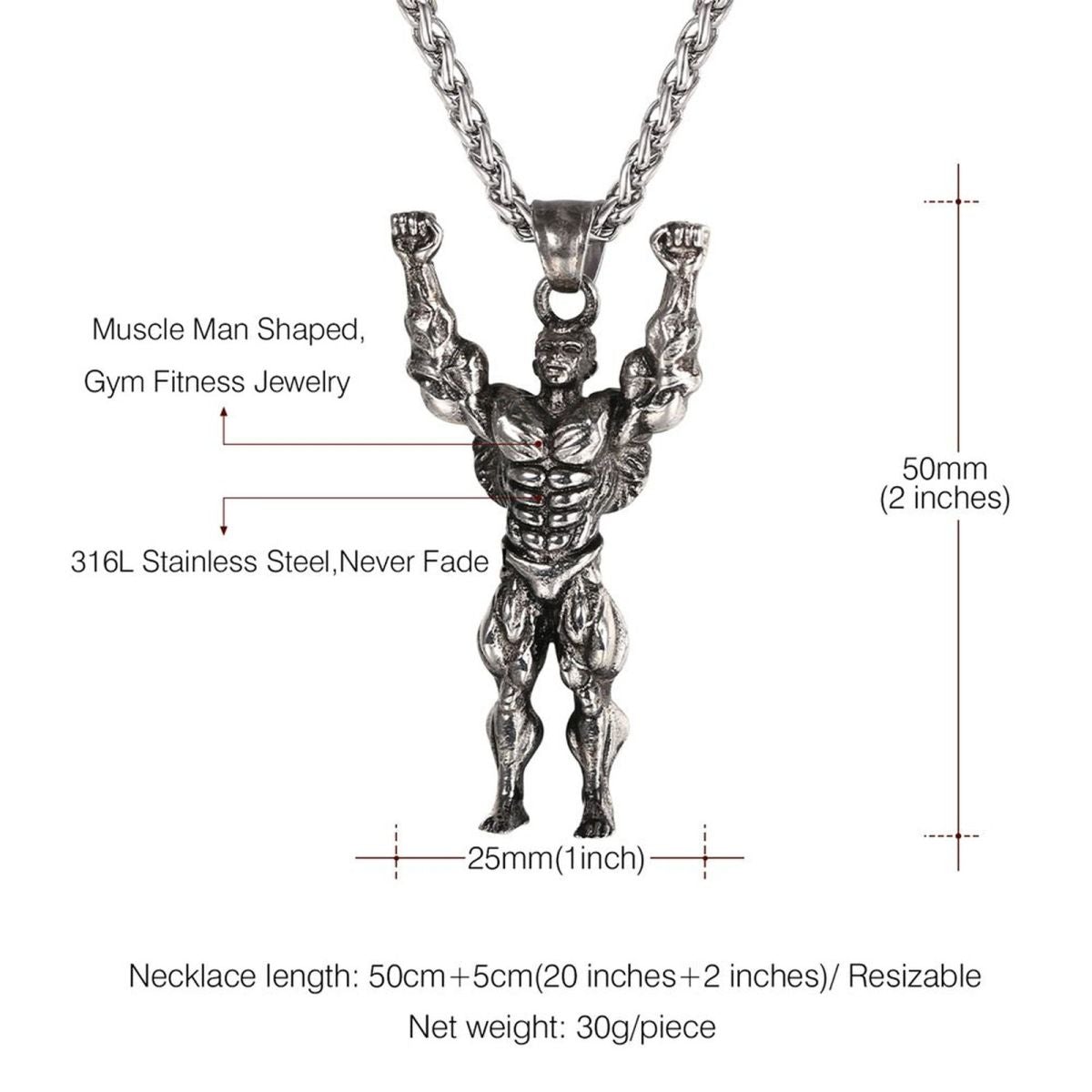 Gym Fitness Body Builder Wrestler Silver Stainless Steel Pendant Chain For Men
