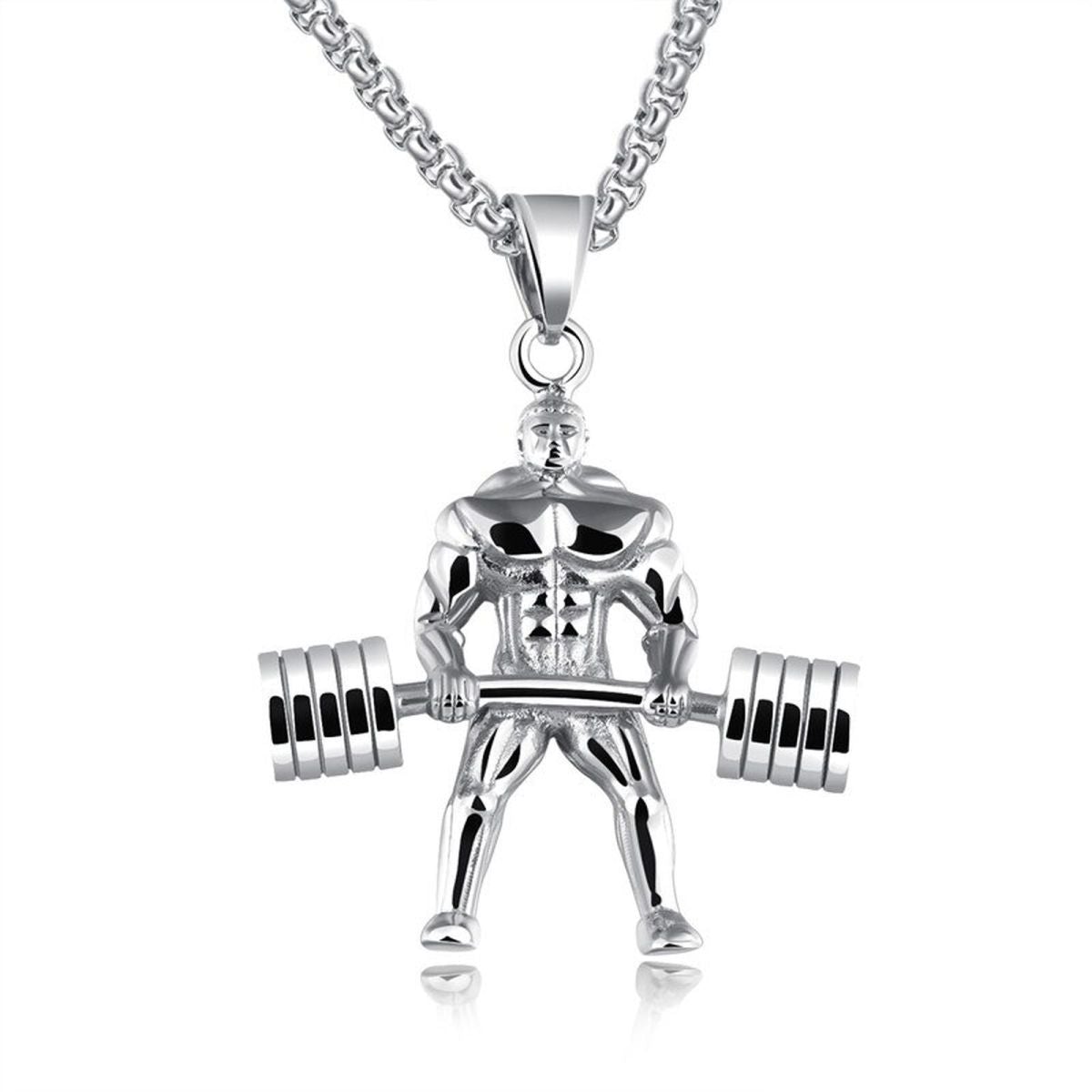 Barbell Dumbell Body Builder Weight Lifter Silver Stainless Steel Pendant Chain Secondary image