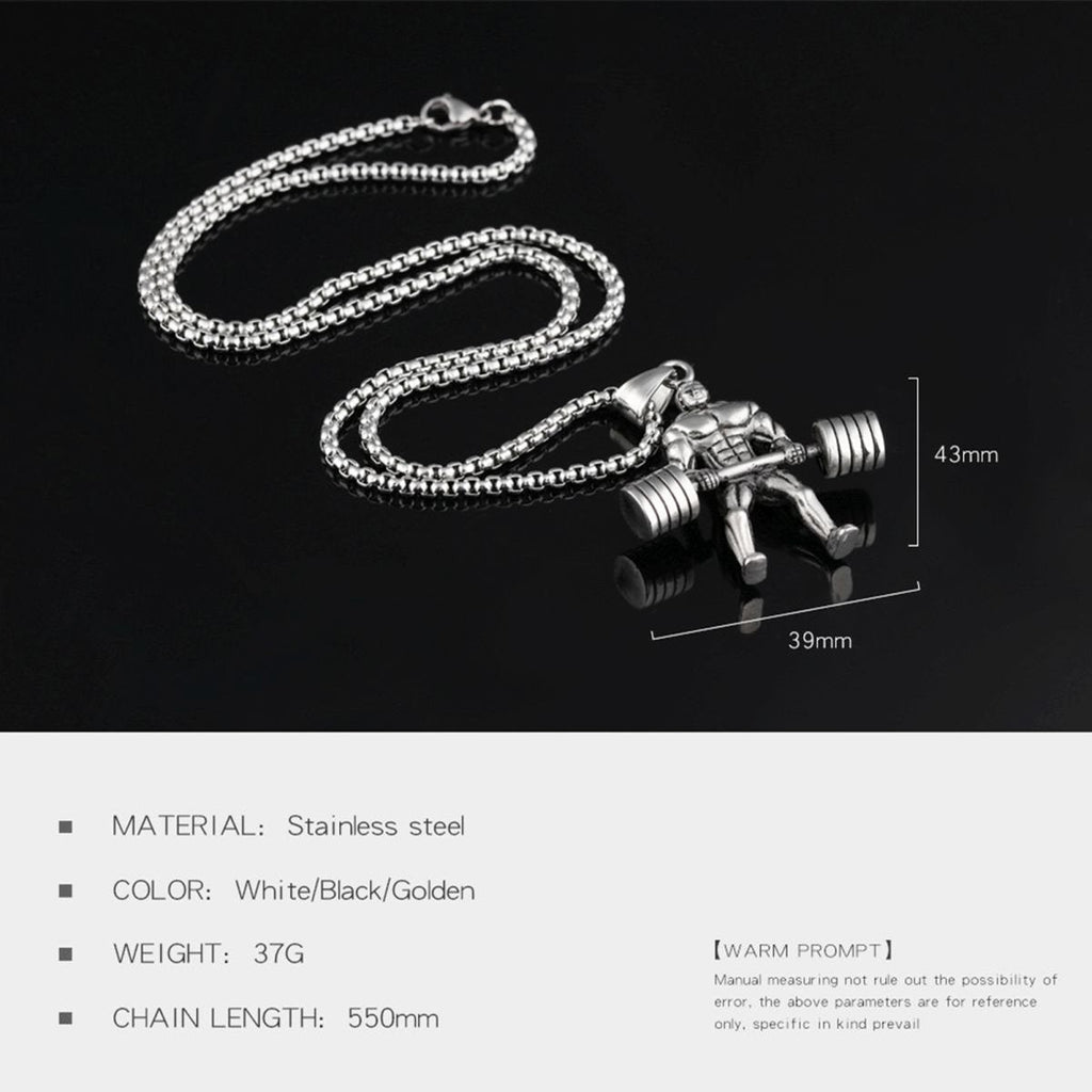 Barbell Dumbell Body Builder Weight Lifter Silver Stainless Steel Pendant Chain