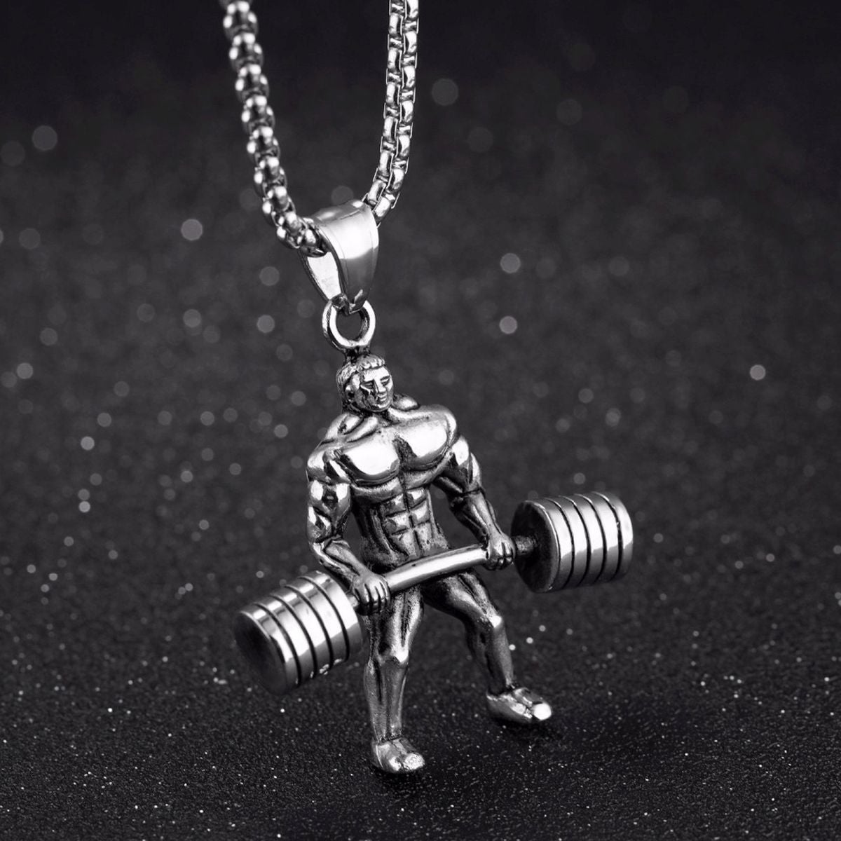 Barbell Dumbell Body Builder Weight Lifter Silver Stainless Steel Pendant Chain Main image
