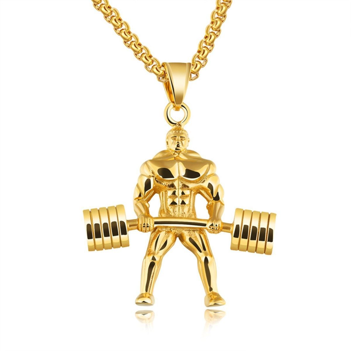 Barbell Dumbell Body Builder Weight Lifter Gold Stainless Steel Pendant Chain Main image