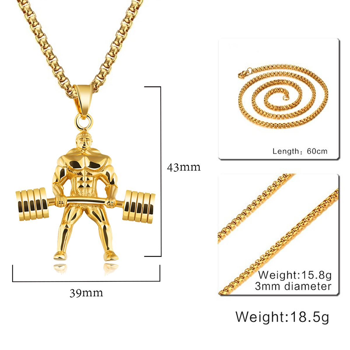 Barbell Dumbell Body Builder Weight Lifter Gold Stainless Steel Pendant Chain Secondary image