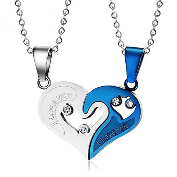 Couple Heart I Love You Blue Silver Stainless Steel Chain Pendant Combo Secondary image