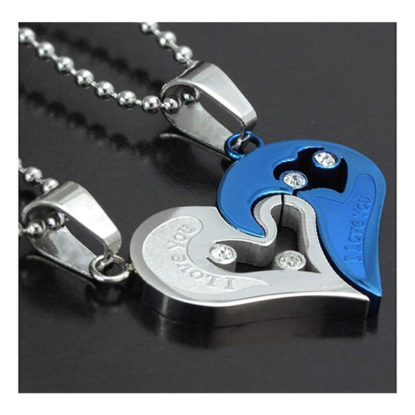 Couple Heart I Love You Blue Silver Stainless Steel Chain Pendant Combo Main image
