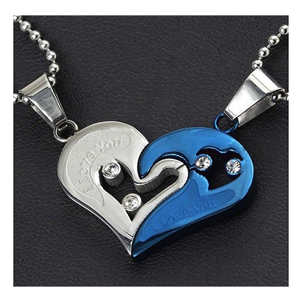 Silver Blue Stainless Steel Love Puzzle Heart Couple Pendant Chain Combo Men Women For Men