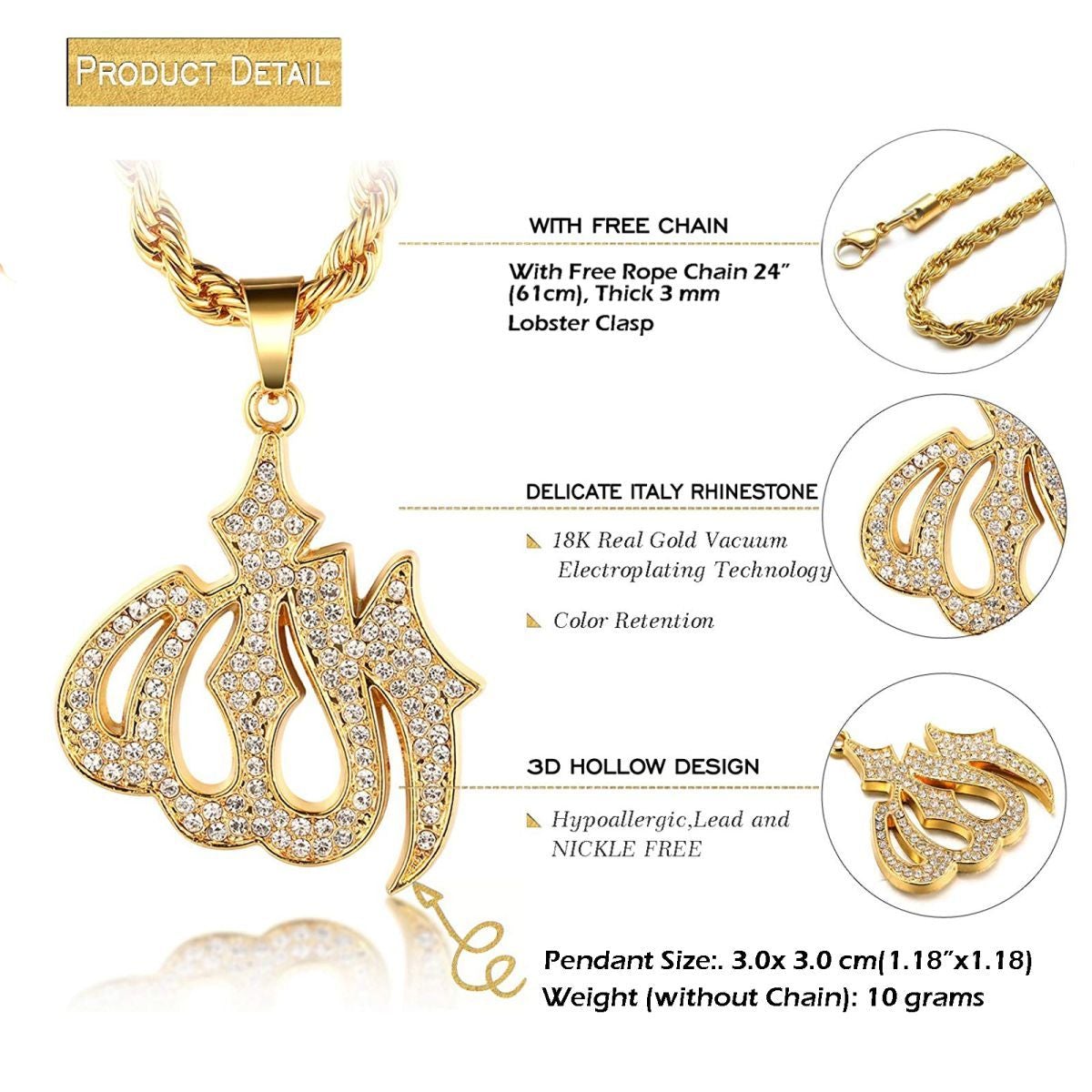 Almighty Allah God Muslim Islamic Gold Brass Locket Pendant Bulk