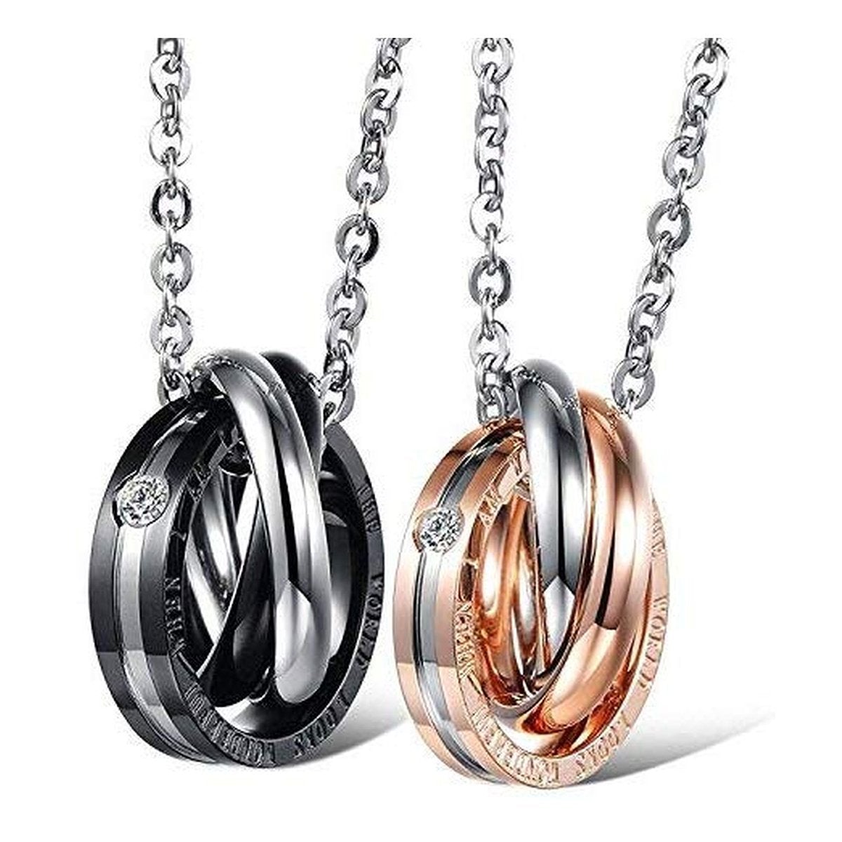 Couple Lovers Valentine Black Stainless Steel Ring Combo Pendant Chain
