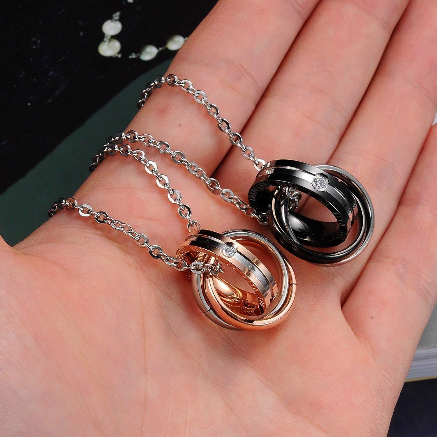 Couple Lovers Stainless Steel CZ Rings Pendant Chain Bulk