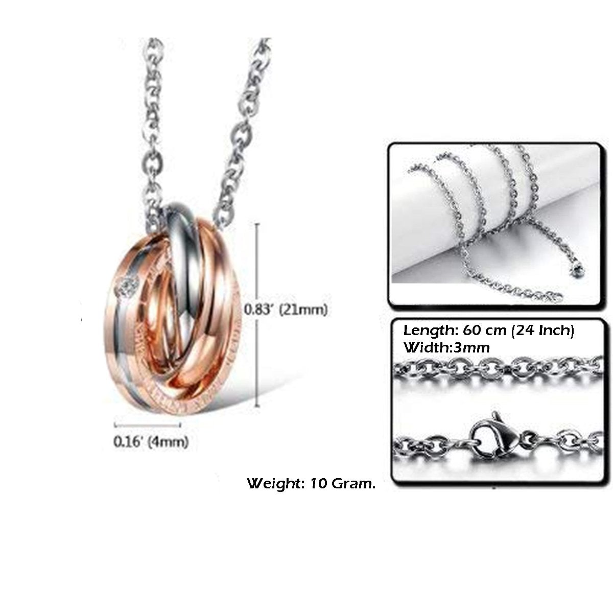 Couple Lovers Stainless Steel American Diamond Ring Pendant Chain
