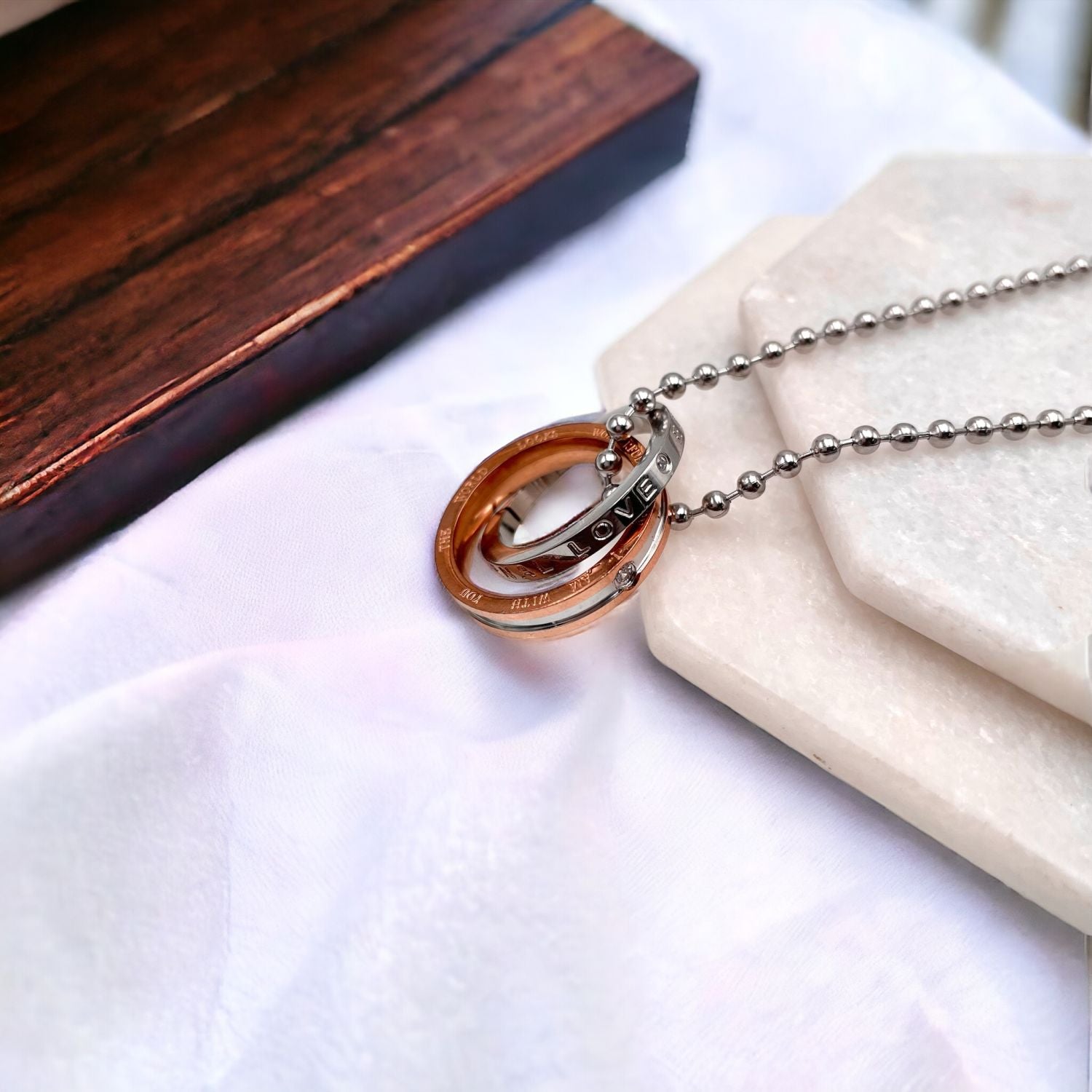 Dual Ring Silver 18K Rose Gold Silver Cubic Zirconia Anti Tarnish Stainless Steel Pendant Chain For Women Main image